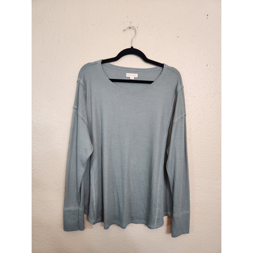 Knox Rose Womens XXL Sage Green Ribbed Top Long Sleeve Drop Shoulder Scoop Neck